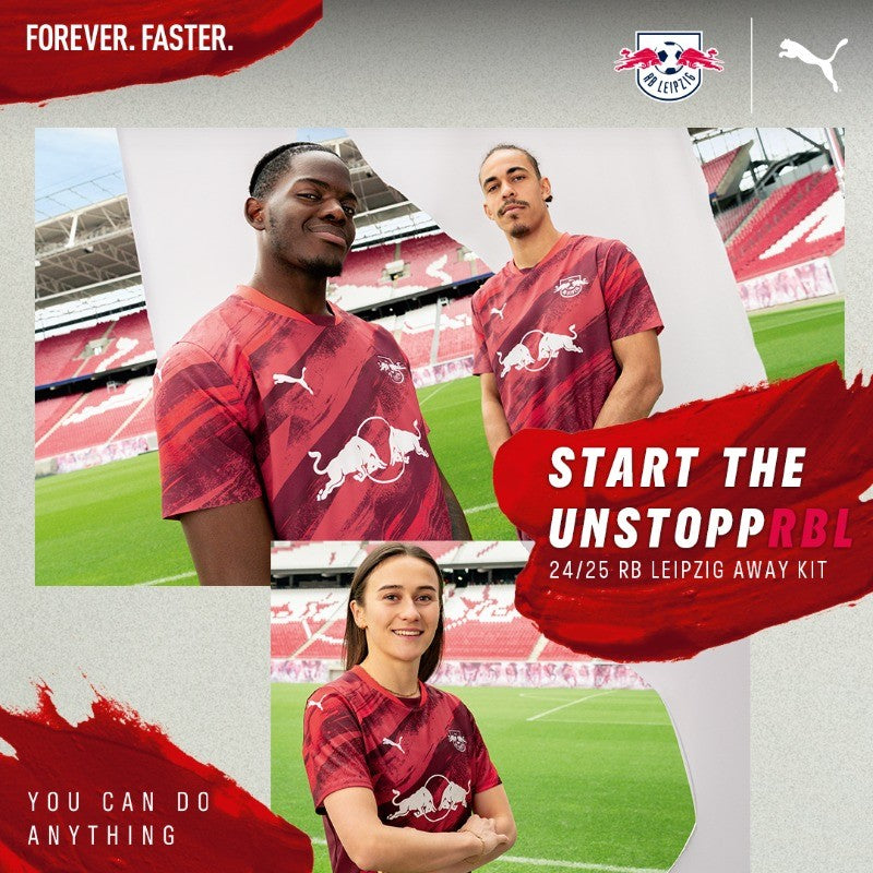 MDMi6VvYp5opj4V | UAE SPORT STORE RB Leipzig players in maroon away kit posing on a stadium pitch with a bold red brush-stroke banner reading 'Start the Unstoppable'.