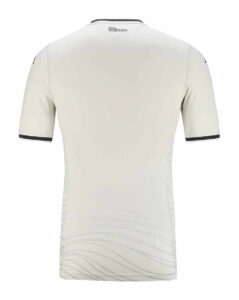 Back view of a light beige short-sleeve shirt with a subtle wavy pattern near the hem and a small '100 YEARS' logo at the neck.