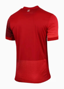 Back view of a red athletic jersey with dotted panels on the sleeves and lower body.