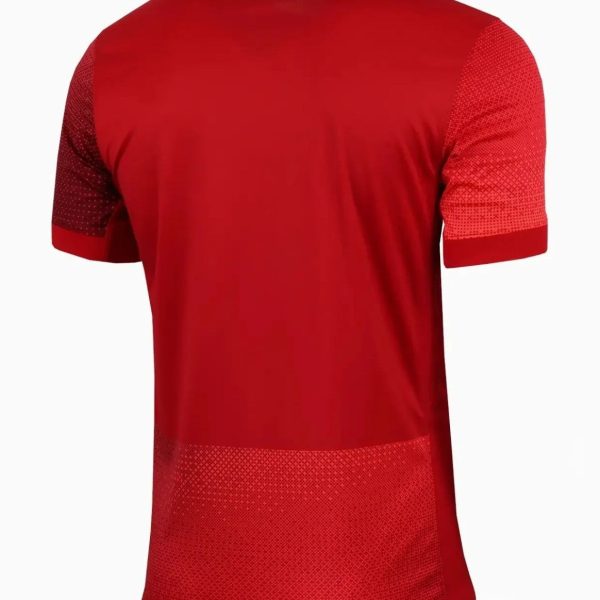 Back view of a red athletic jersey with dotted panels on the sleeves and lower body.