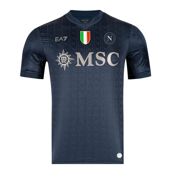 Dark navy blue soccer jersey with vertical pattern, MSC sponsor logo, Italian flag crest, and team badge on chest