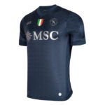 Navy blue Napoli football jersey with MSC sponsor logo, Napoli crest, and Italian flag badge on the chest.