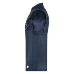 Side view of a navy blue athletic jacket with a subtle vertical pattern and a small white circular logo near the hem.