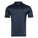 Navy blue short-sleeve polo shirt viewed from the back with a subtle vertical stripe pattern and Napoli logo near the collar.