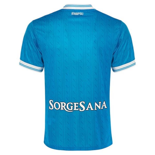 Back view of a blue Napoli football jersey with white striped collar and cuffs; sponsor text 'SORGE SANA' across the lower back.