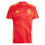 Red Spain national football team jersey with yellow accents and Adidas logo on the chest, front view.