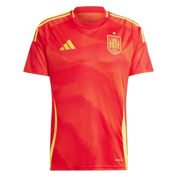 Red Spain national football team jersey with yellow accents and Adidas logo on the chest, front view.