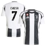 Juventus soccer jersey shown from front and back: black-and-white vertical stripes with crest, plus 'CHIESA' and number 7 on the back.