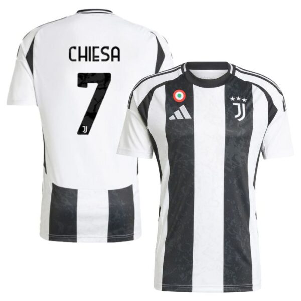 Juventus soccer jersey shown from front and back: black-and-white vertical stripes with crest, plus 'CHIESA' and number 7 on the back.
