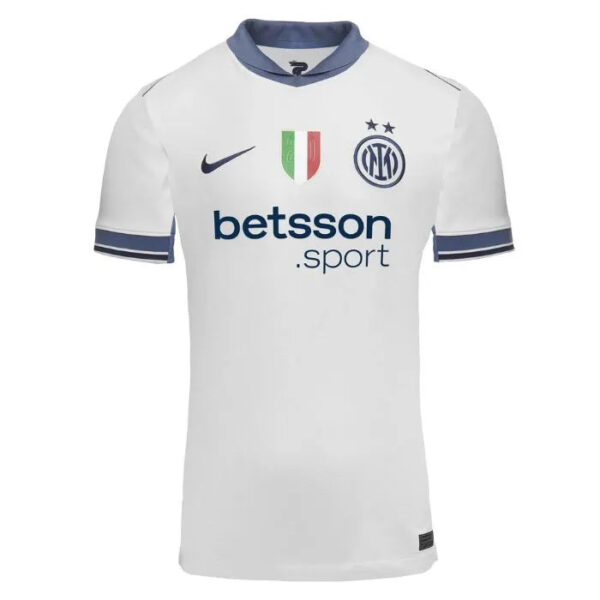 White Inter Milan soccer jersey with blue collar and sleeve trim, sponsor logo 'betsson.sport' on front, Nike logo and club crest with two stars above it.