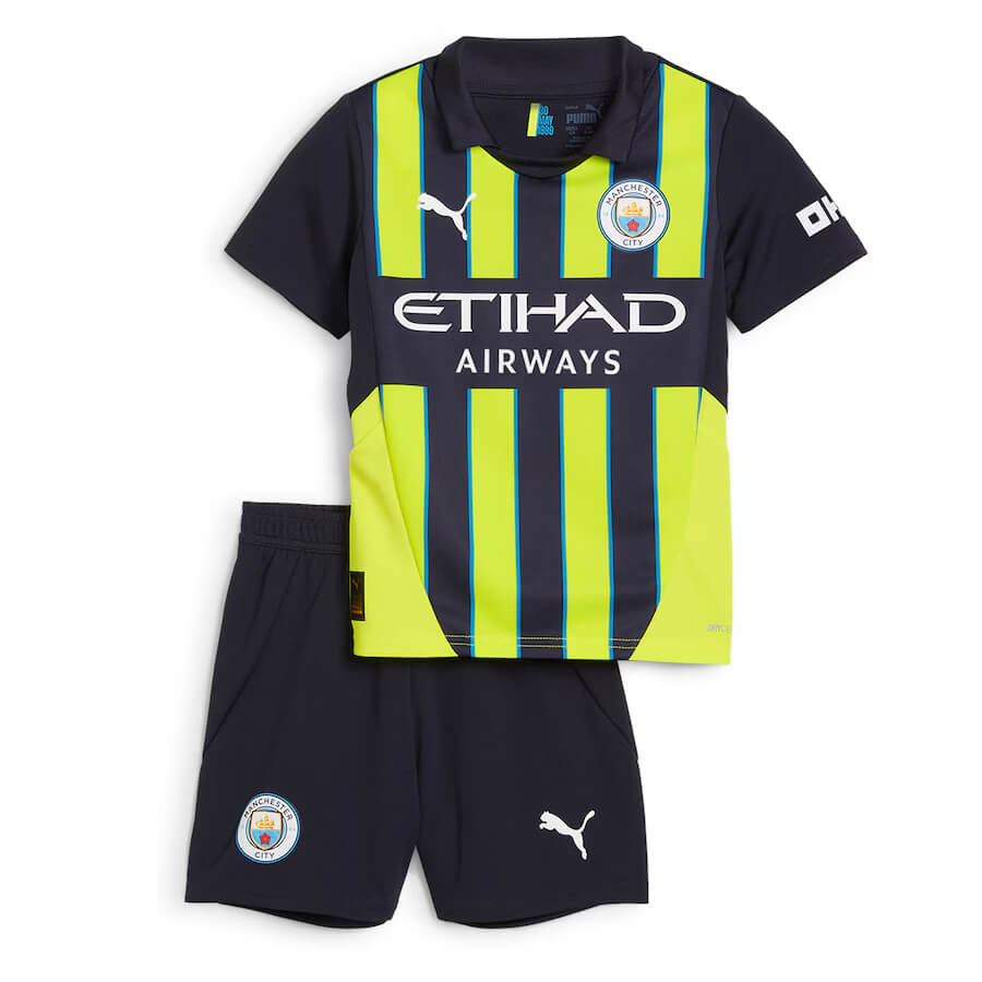 Manchester-City-Away-Kids-Football-Kit-24-25 | UAE SPORT STORE Child-sized Manchester City away kit: navy jersey with neon yellow vertical stripes, Etihad Airways sponsor, club crest; navy shorts with crest and Puma logo.