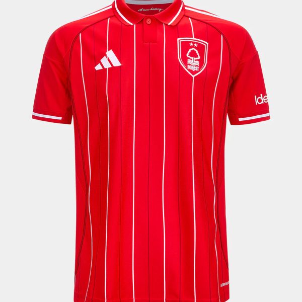 Red striped soccer jersey with white vertical pinstripes and crest reading 'Forest' on the chest. Adidas logo on the left. Short sleeves with white trim.