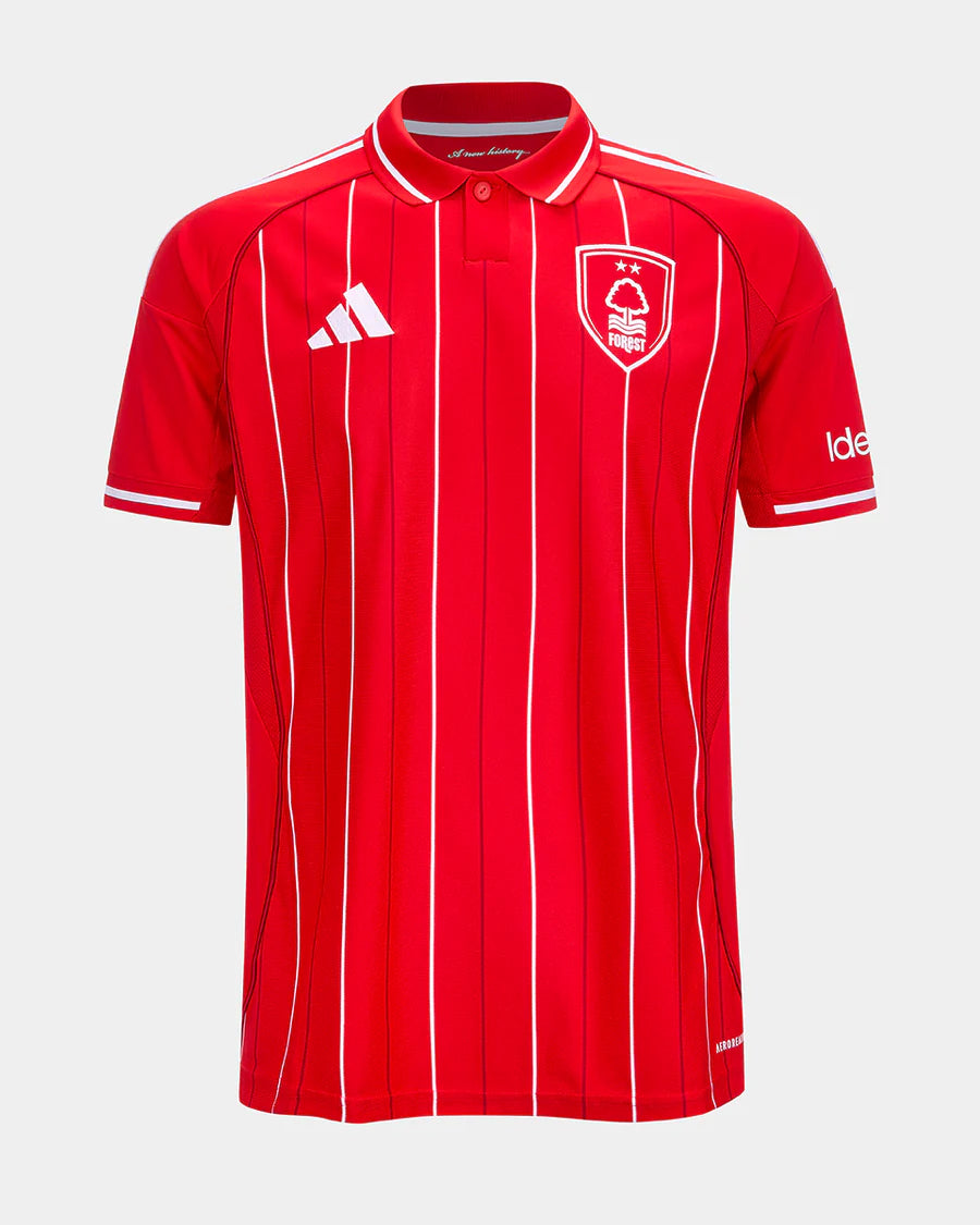 MensHomeTop2_900x_5a701f96-2a24-48c2-abaf-0cec39d75824 Red striped soccer jersey with white vertical pinstripes and crest reading 'Forest' on the chest. Adidas logo on the left. Short sleeves with white trim.