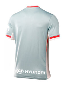 Back view of a light blue athletic jersey with red and white sleeve cuffs and Hyundai branding at the bottom hem.