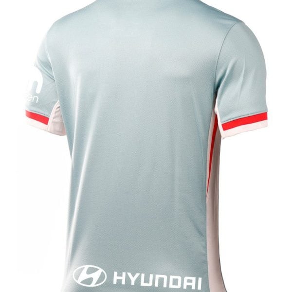 Back view of a light blue athletic jersey with red and white sleeve cuffs and Hyundai branding at the bottom hem.