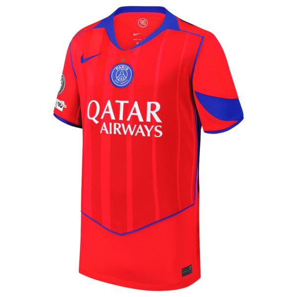 Paris Saint-Germain red away football jersey with blue accents and Qatar Airways sponsor logo on the chest