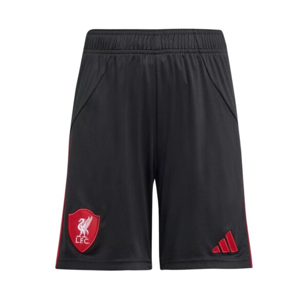 Black athletic shorts with Liverpool FC crest on the left leg and red Adidas stripes on the right side.