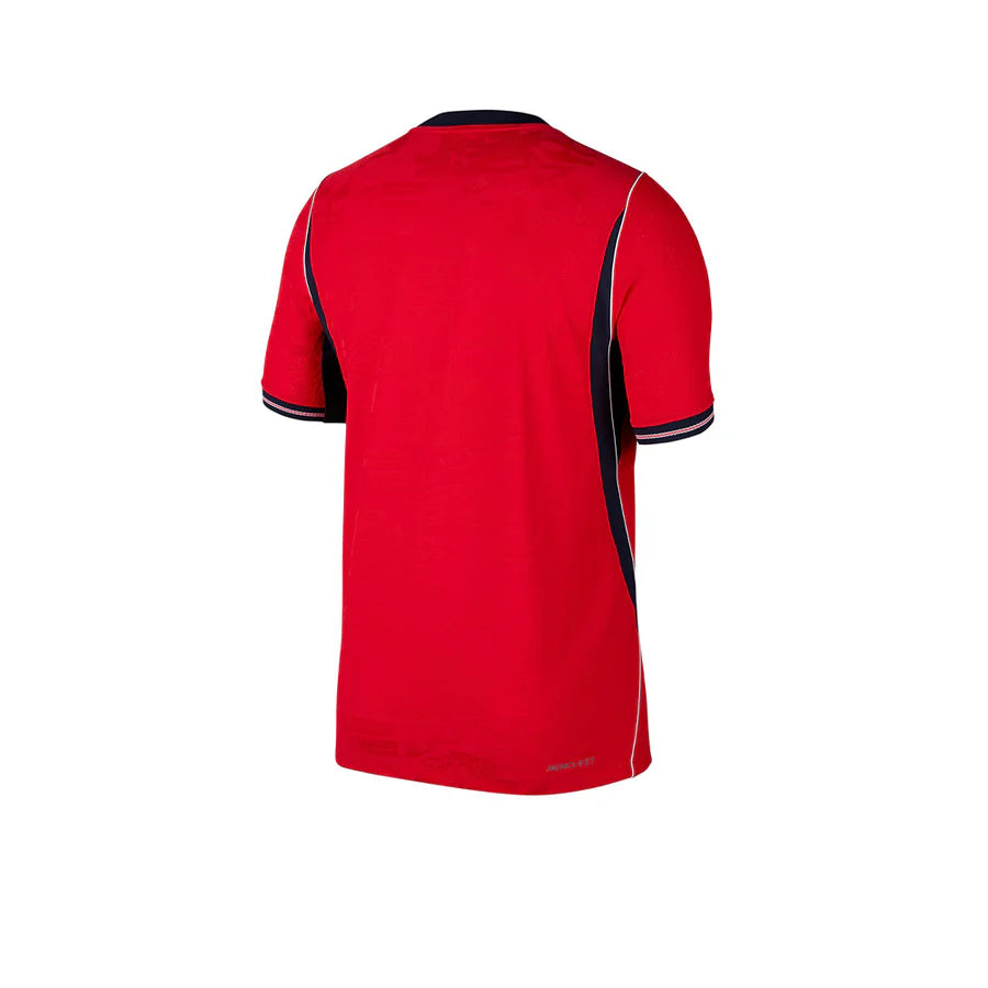 NI083AP716EYTH-2 | UAE SPORT STORE Back view of a red short-sleeve sports jersey with navy side panels and trim on the cuffs and collar versus white background.