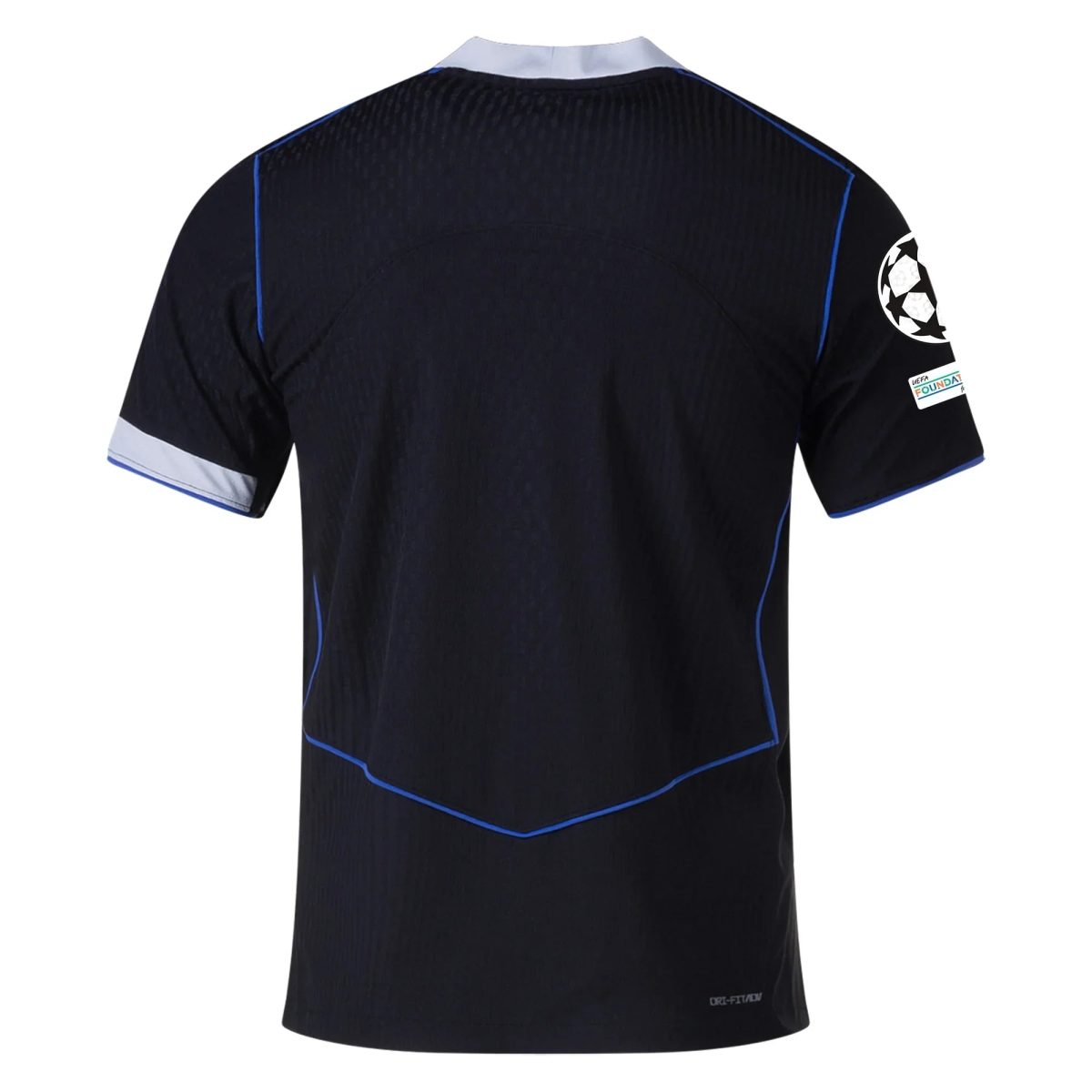 Back of a black soccer jersey with blue piping and white collar detail, displaying a UEFA patch on the sleeve.