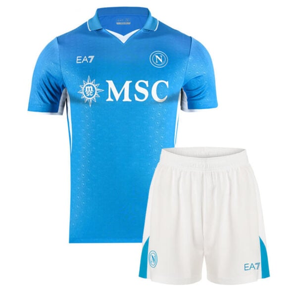 Napoli football kit: blue jersey with MSC sponsor and white shorts with Napoli crest features.