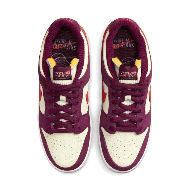 Nike-SB-Dunk-Low-Skate-Like-a-Girl-3_720x_0d7a6b2b-60ad-4f20-a2dd-e06d64d04de3 | UAE SPORT STORE Top-down view of a pair of purple and cream sneakers with maroon laces.
