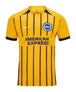 Brighton & Hove Albion yellow away jersey with navy pinstripes, crest, Nike swoosh, and American Express sponsor.