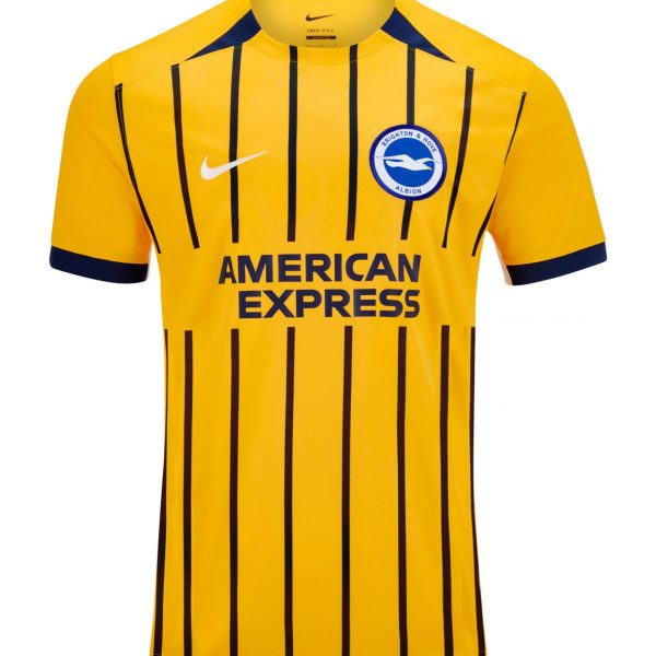 Brighton & Hove Albion yellow away jersey with navy pinstripes, crest, Nike swoosh, and American Express sponsor.