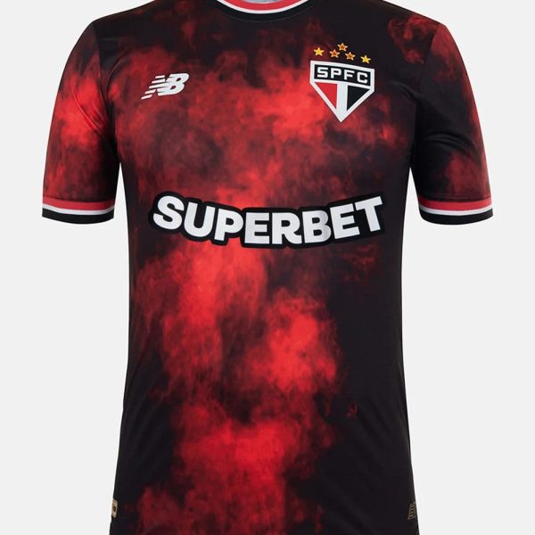 Red and black gradient football jersey with SPFC crest, New Balance logo, and 'SUPERBET' sponsor across the chest on a red smoky pattern background.