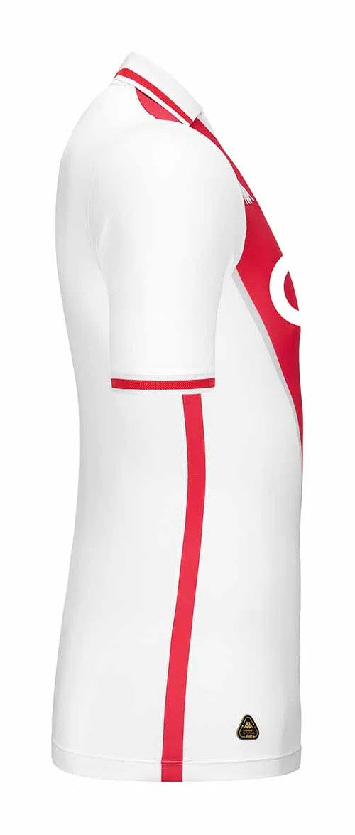 O68l9xzkluUSd8D | UAE SPORT STORE Side view of a white athletic jersey with red piping along the sleeves and side seam, plus a red chest design.