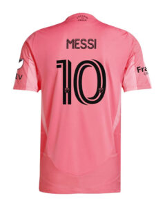 OCVrSWLpvovWXyK | UAE SPORT STORE Pink soccer jersey viewed from the back with the name 'MESSI' and number 10, featuring team logos on the sleeves.