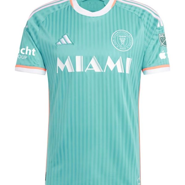 Miami turquoise soccer jersey with white MIAMI lettering, vertical stripes, Adidas logo, and team crest on the chest