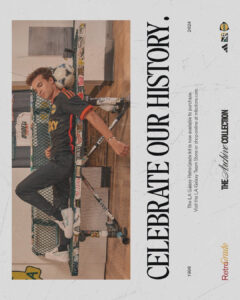 OLhAJ8zTkF69NQj | UAE SPORT STORE Poster-style image of a man in a black and orange jersey leaning on a goalpost with a ball in the net; bold vertical text reads 'CELEBRATE OUR HISTORY'.