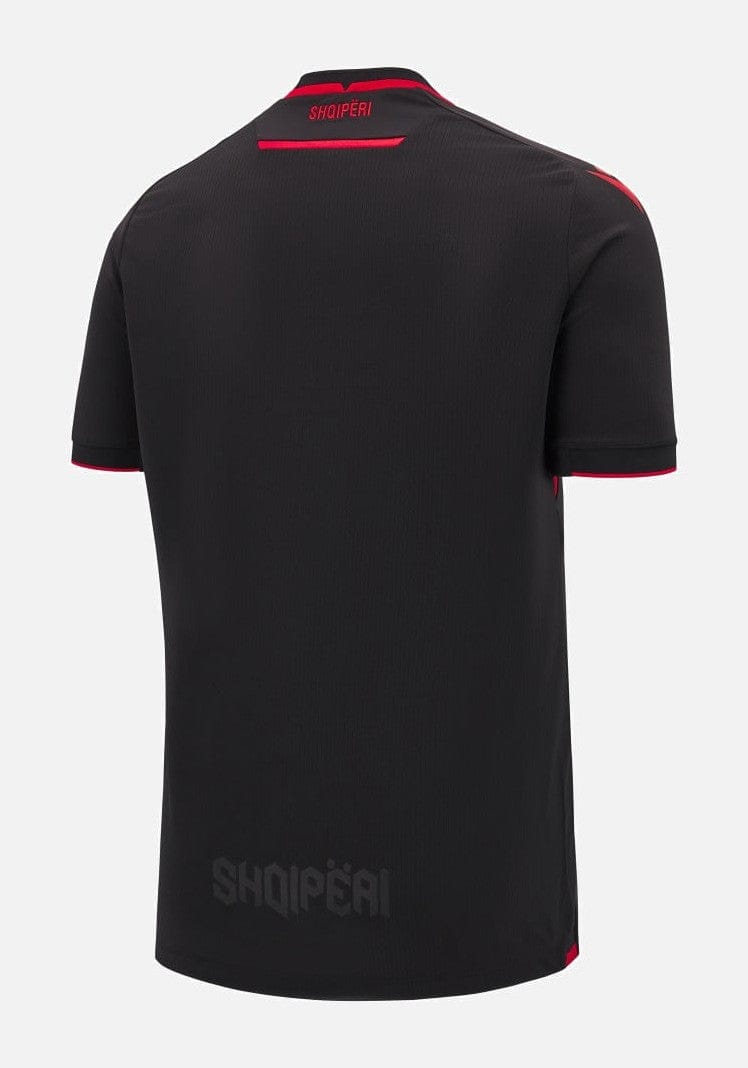 ONwfevjeiauw4ef | UAE SPORT STORE Back view of a black sports jersey with red trim at the collar and sleeves; 'SHQIPËRI' text near the neck and a subtle logo at the lower back.