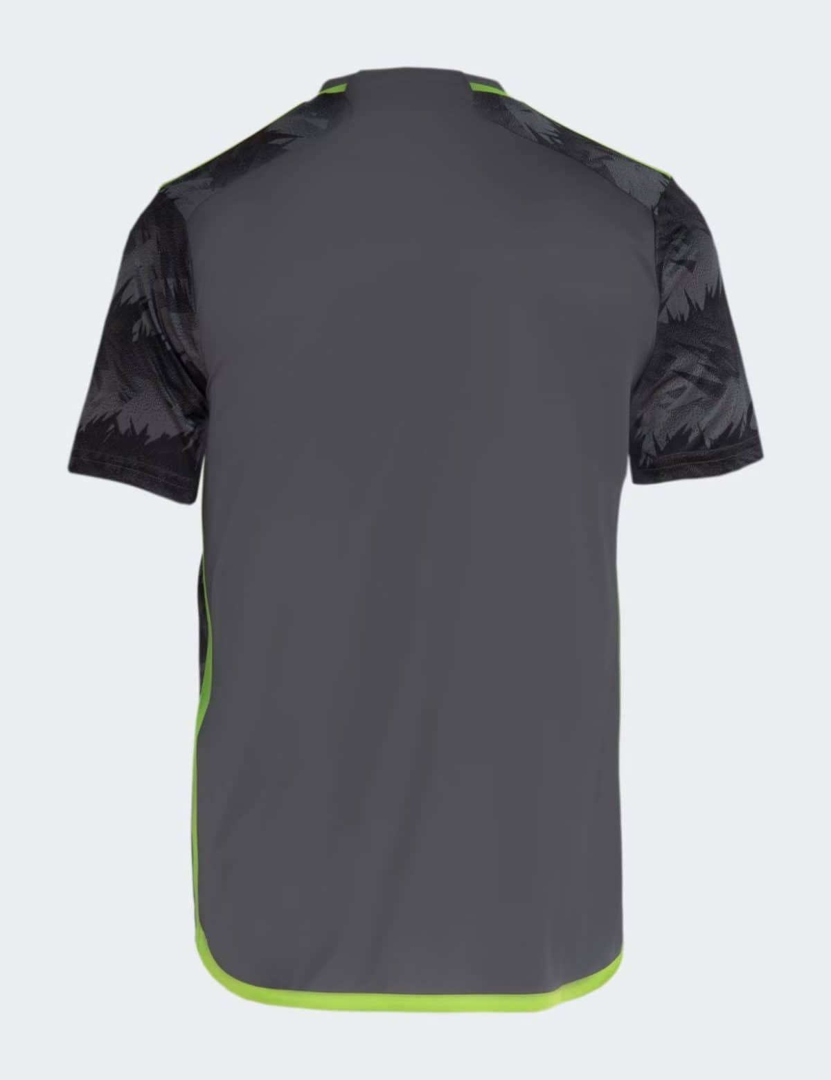 Back view of a dark gray athletic jersey with black camo-pattern sleeves and lime green trim along the hem.
