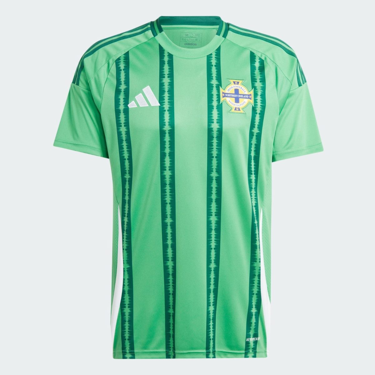 Green Northern Ireland football jersey with dark vertical stripes, Adidas logo on the right, and the national crest on the left
