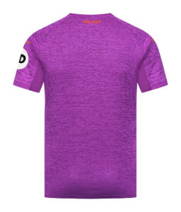 Purple athletic jersey back view with a subtle horizontal pattern, short sleeves, orange 'ONE PACK' text at the neckline, and a white circular patch with a letter on the left sleeve