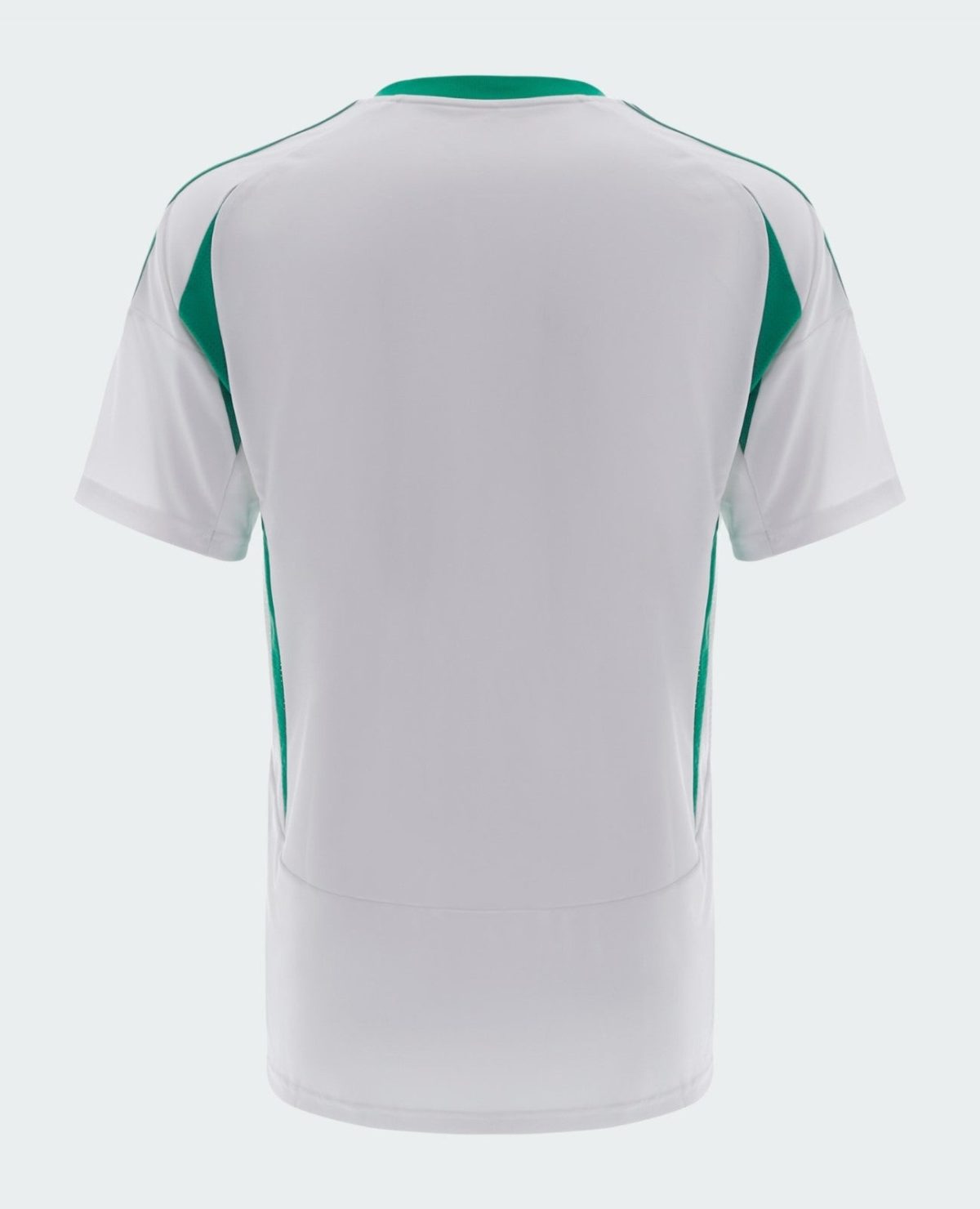 Back view of a white sports jersey with green side panels and collar