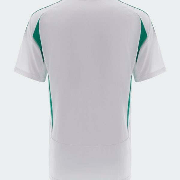 Back view of a white sports jersey with green side panels and collar