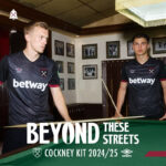 Two footballers in dark West Ham–style kits stand at a pool/billiards table in a club, with bold text overlay: BEYOND THESE STREETS COCKNEY KIT 2024/25.