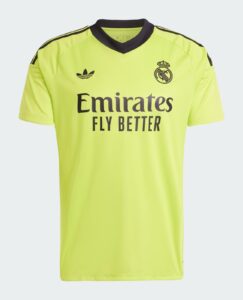 Oz1sBDrdLKEEb8P | UAE SPORT STORE Bright neon-yellow Real Madrid football jersey, front view, featuring Emirates Fly Better sponsor and Real Madrid crest on the chest.