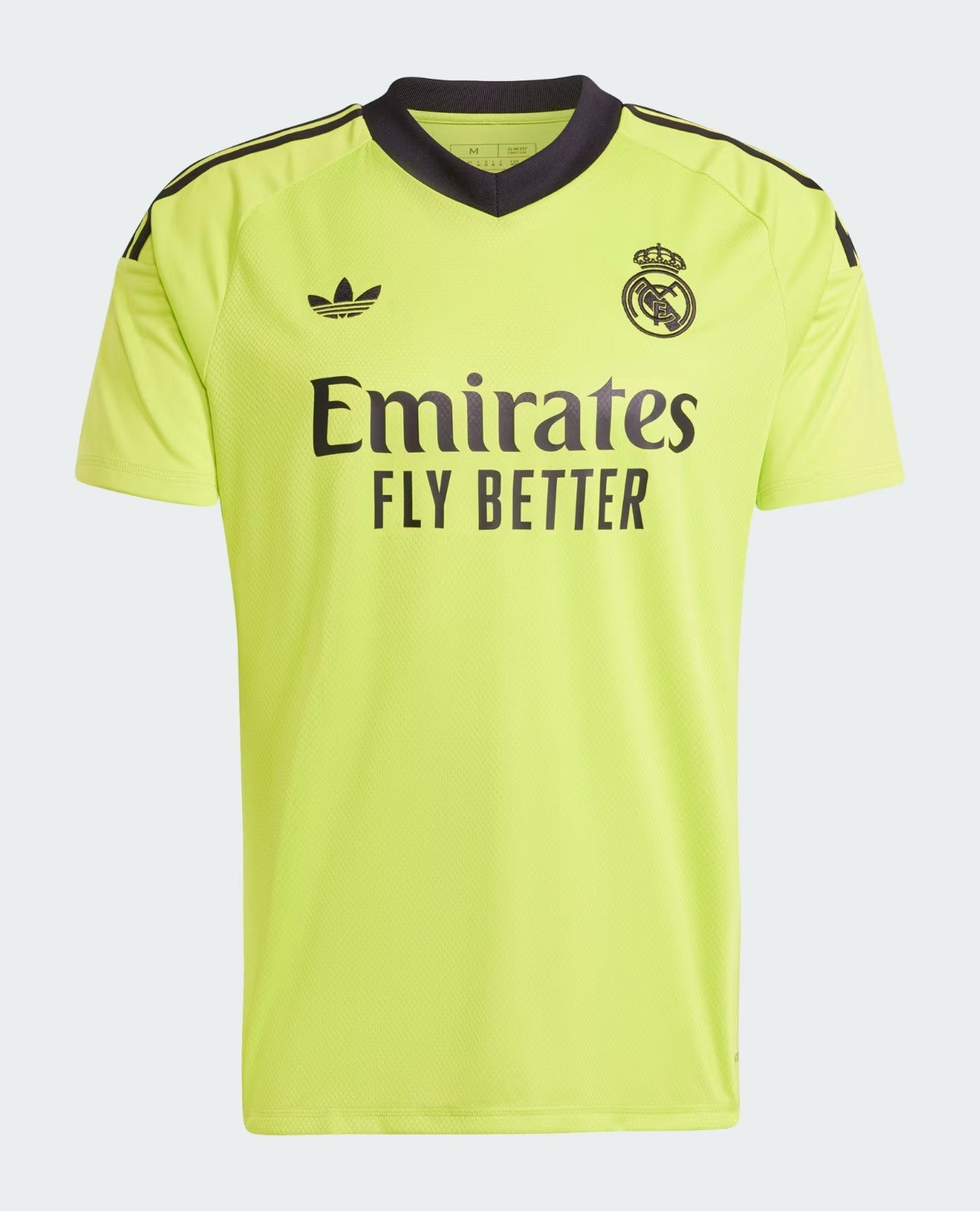 Oz1sBDrdLKEEb8P | UAE SPORT STORE Bright neon-yellow Real Madrid football jersey, front view, featuring Emirates Fly Better sponsor and Real Madrid crest on the chest.