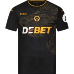 Black athletic jersey with gold abstract swirl pattern, yellow trim at the neck, and a central wolf-head crest above the white-and-gold 'DEBET' sponsor logo on the chest.