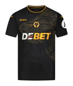Black athletic jersey with gold abstract swirl pattern, yellow trim at the neck, and a central wolf-head crest above the white-and-gold 'DEBET' sponsor logo on the chest.