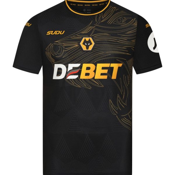Black athletic jersey with gold abstract swirl pattern, yellow trim at the neck, and a central wolf-head crest above the white-and-gold 'DEBET' sponsor logo on the chest.