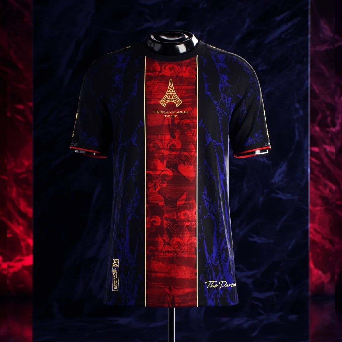 Dark navy jacket on a stand featuring a red patterned center panel with a gold Eiffel Tower motif and 'European Champions' text.