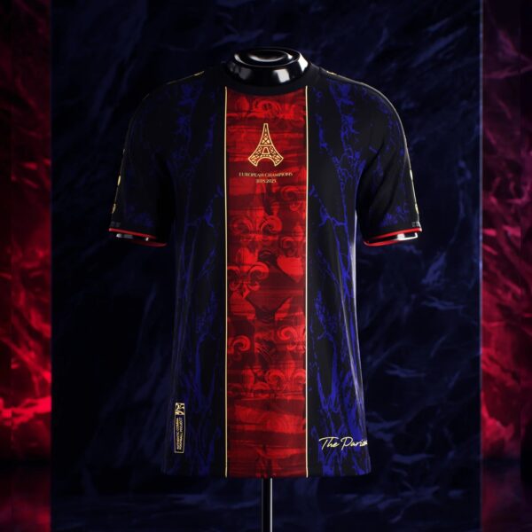 Dark navy jacket on a stand featuring a red patterned center panel with a gold Eiffel Tower motif and 'European Champions' text.