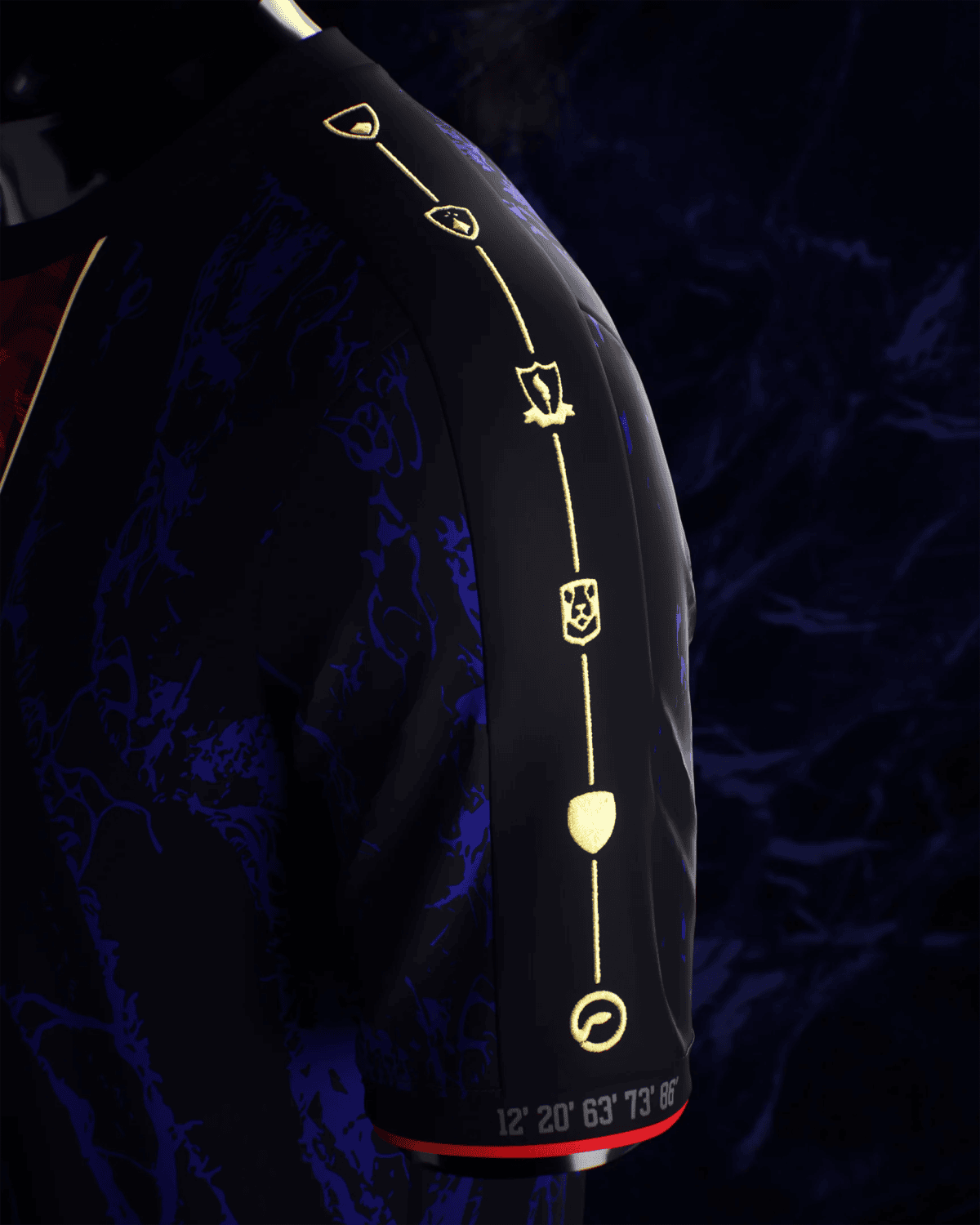 Close-up of a dark, textured jacket sleeve with glowing gold symbols arranged vertically against a deep blue background.