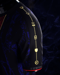 Close-up of a dark, textured jacket sleeve with glowing gold symbols arranged vertically against a deep blue background.