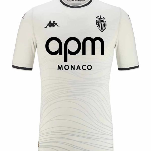 White AS Monaco football jersey with black 'apm MONACO' sponsor and club crest on chest, with Kappa logo nearby.