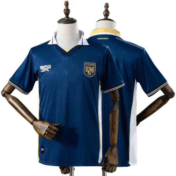 Blue Panama national soccer jersey on a mannequin, front view with crest and Reebok logo visible.